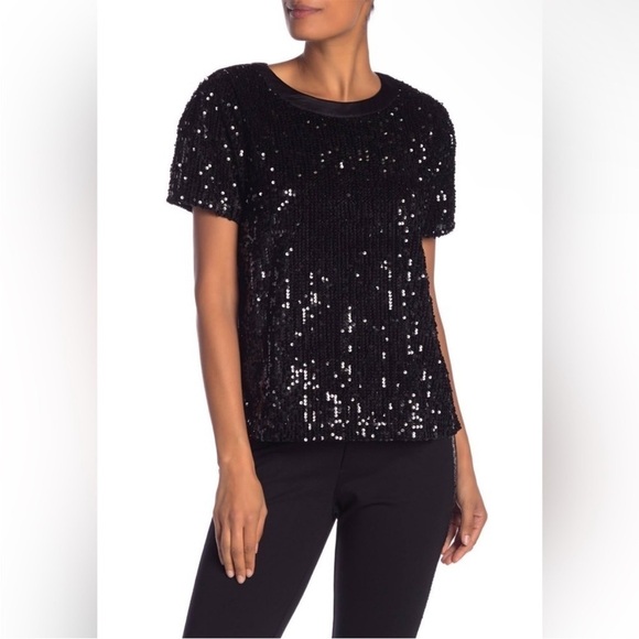 Laundry by Shelli Segal Sequin Black Short Sleeve Top- Size Medium- NWT - Picture 1 of 8